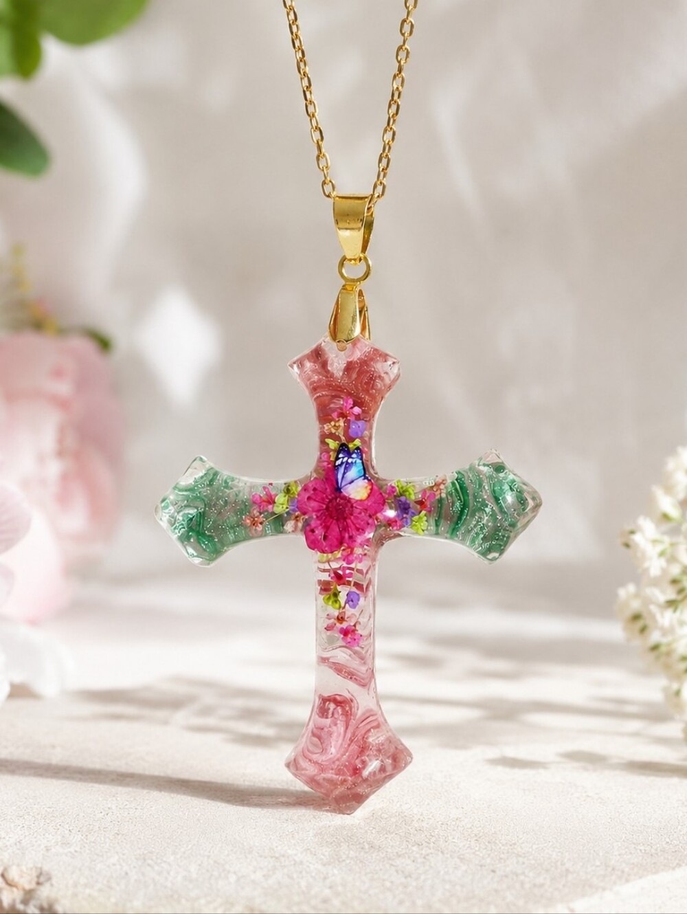 Beautifal One Of A Kind Cross Pendant Necklace - Pink & Green